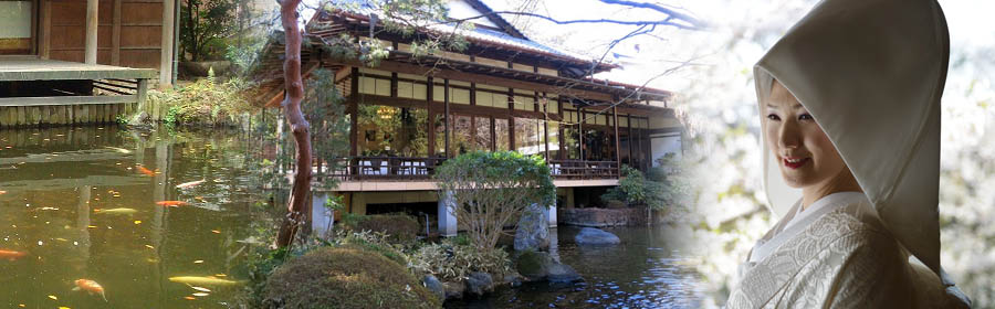 写真:元湯旅館「陣屋」と和装・白無垢の花嫁